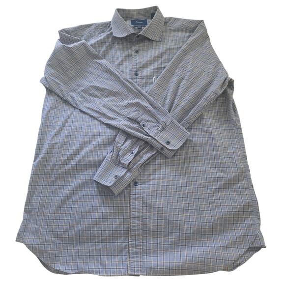 Faconnable Club Dress Shirt 17.5 L Blue Brown Check 100% Cotton Button Dow - Picture 7 of 11
